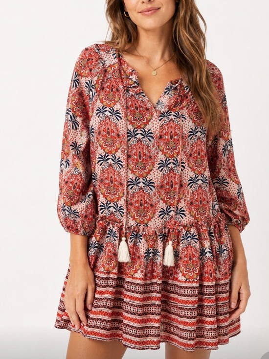 Cara Cara Dresses & Skirts - Cara Cara floral paisley tasseled boho cotton 3/4 sleeve mini dress sz S